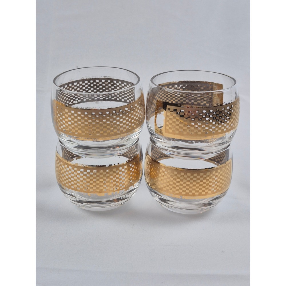 Vintage MCM Gold Checkerboard Roly Poly Rocks Glasses Set of 4‎ Whiskey Lowball